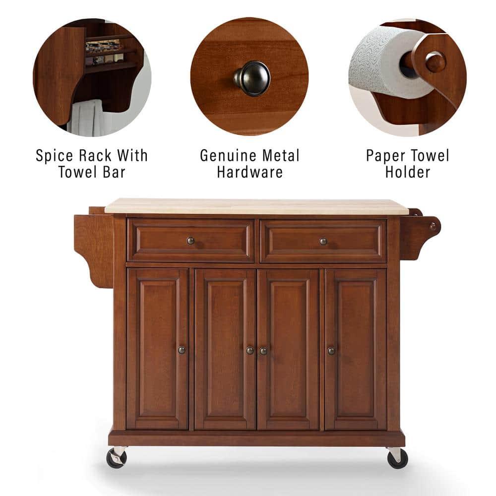 Crosley Natural Wood Top Kitchen Cart - Cherry: Hardwood Frame, Adjustable Shelves, Casters