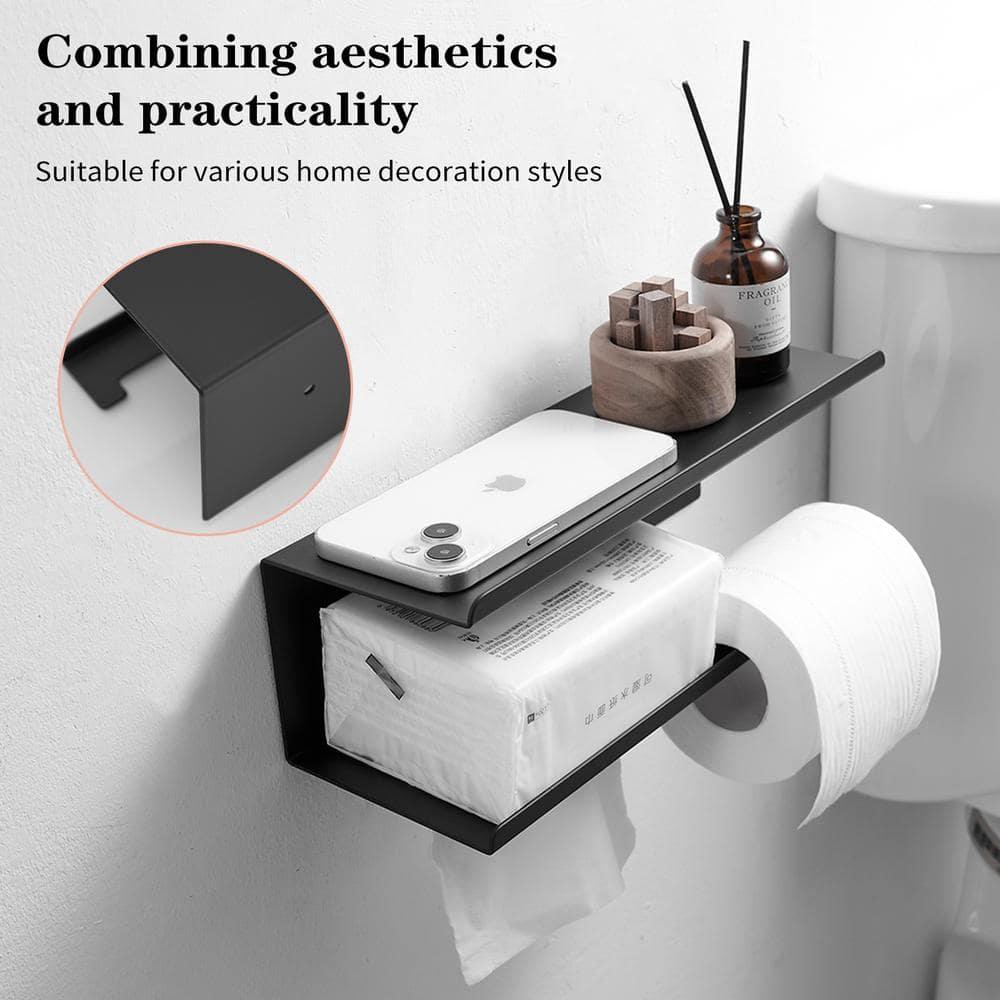 Modern Toilet Paper Holder with Anti-Rust Shelf Paper Roll Holder Toilet Tissue Holder Wipes Storage in Matte Black