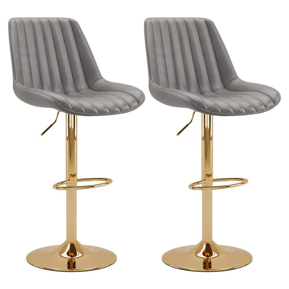 Set of 2 Arwen Adjustable Swivel Barstools with Gold Base Gray - CorLiving: Upholstered High Back, Metal Footrest