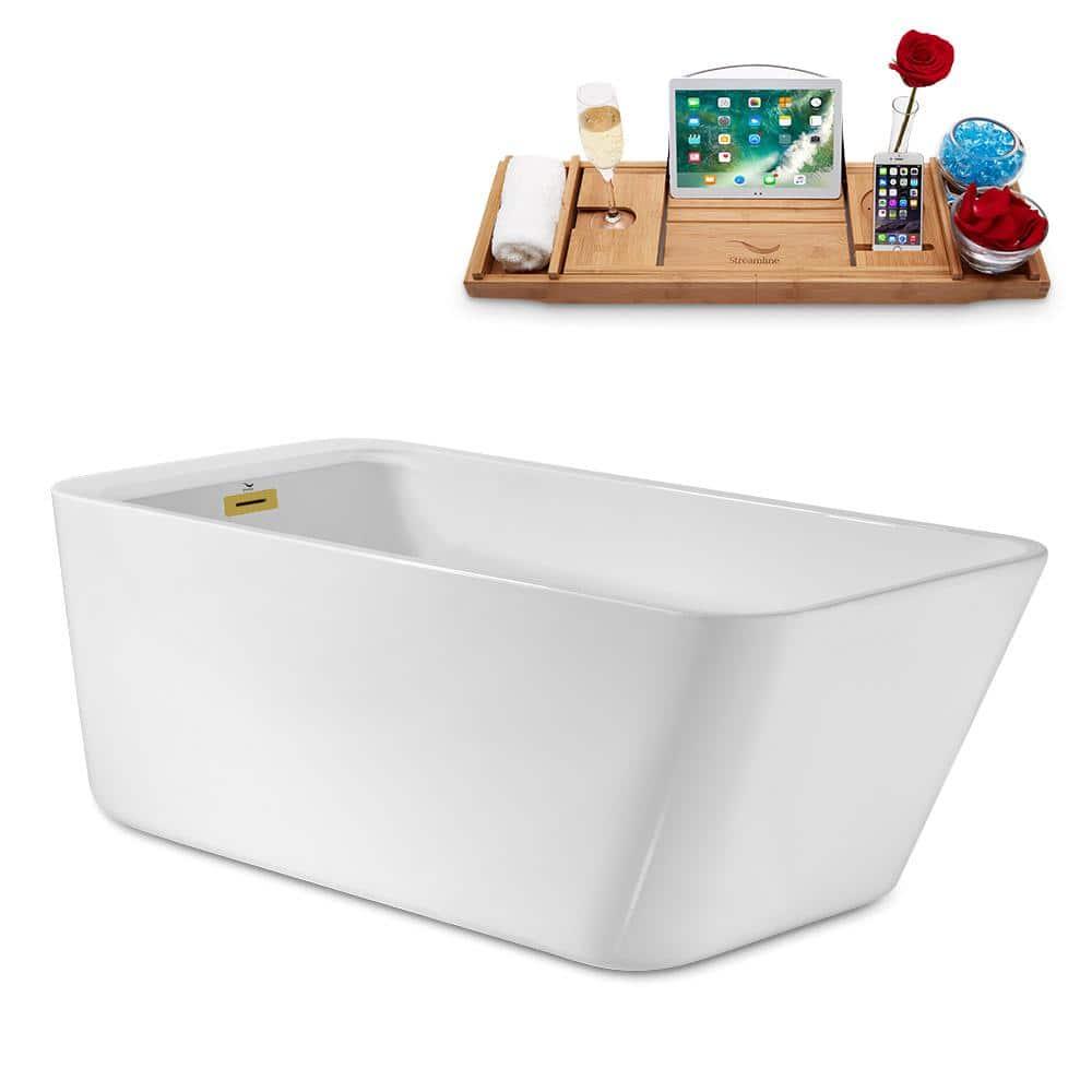 63" Streamline Freestanding Soaking Acrylic Bathtub With Drain and Bamboo Tray