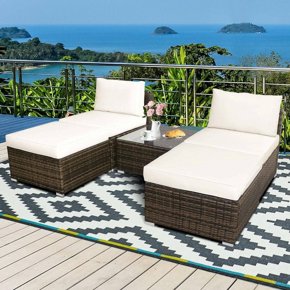 Demifill 5 Pieces Patio Rattan Furniture Set with Cushioned Armless Sofa, Weather-Resistant PE Rattan Sofa Set with Detachable Cushion, Furniture Set for Outdoor as Courtyard, Garden, White