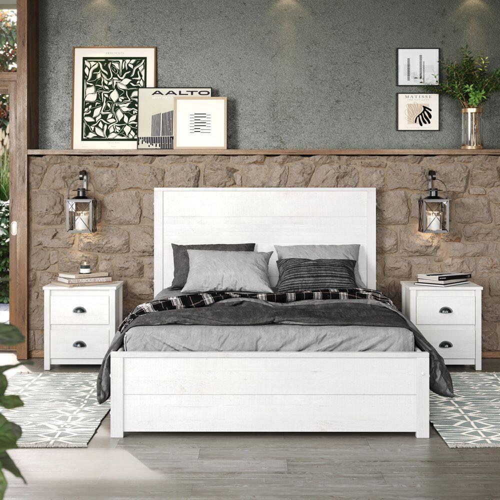 Camaflexi Hampton Solid Wood King Size Bed Frame with Headboard, King Bed with Wood Slat Supports, Coastal White Finish