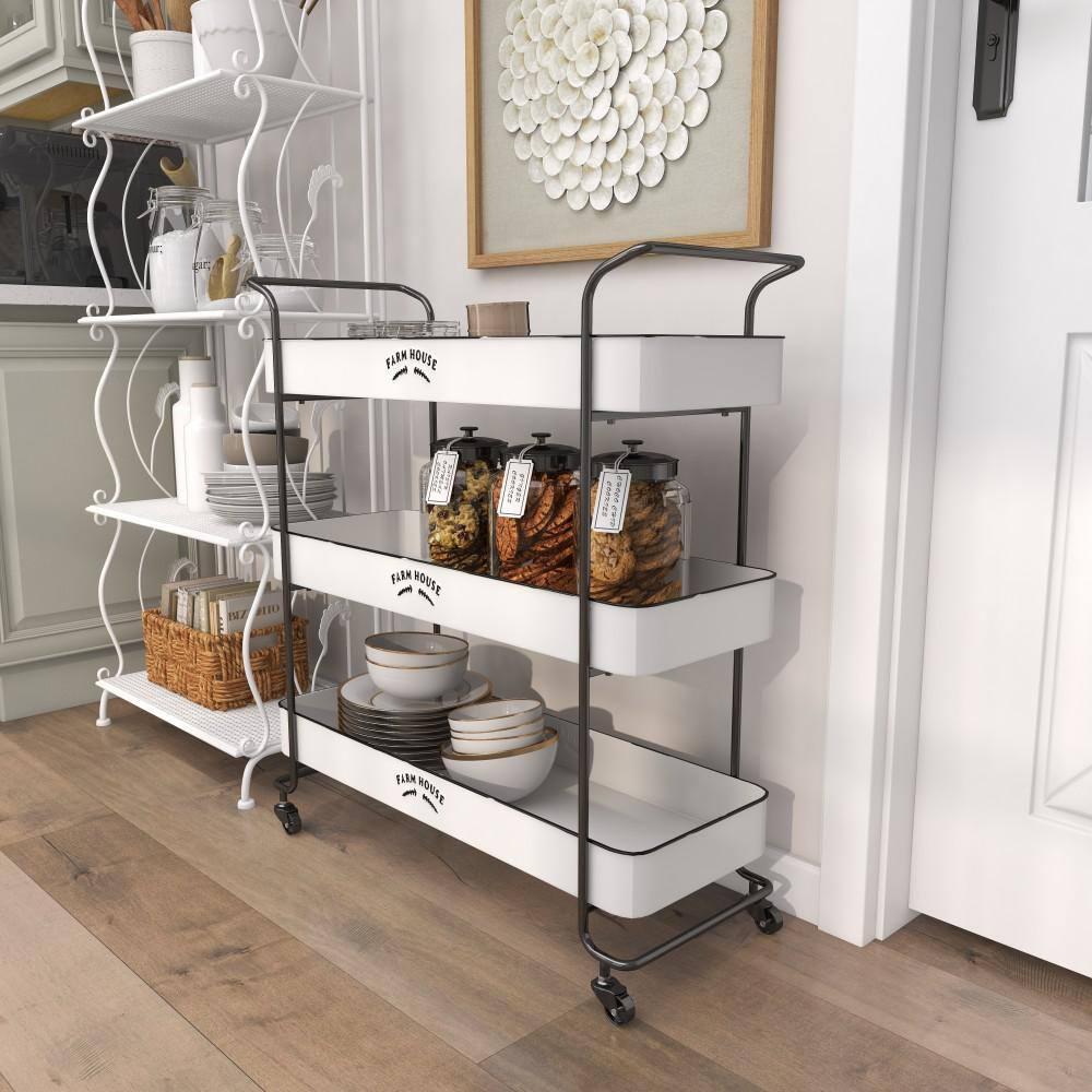 DecMode 32" x 35" White Metal Kitchen Rolling 3 Shelves Bar Cart with Black Accents and Farm House Design, 1-Piece