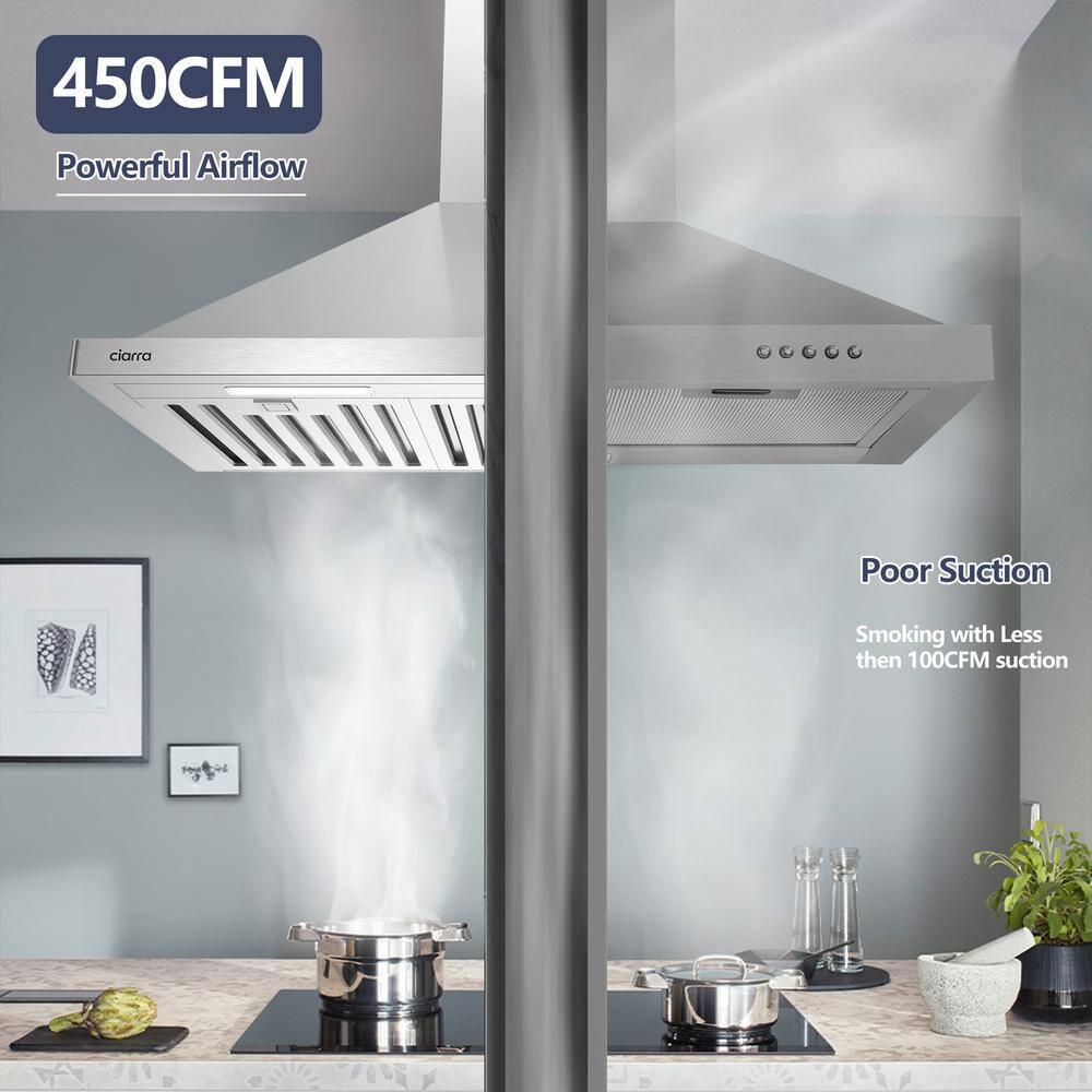 CIARRA Range Hood 30 inch Wall Mount Chimney Hood Range 450 CFM Ducted and Ductless Kitchen Hood Vent in Stainless Steel, CAS75302
