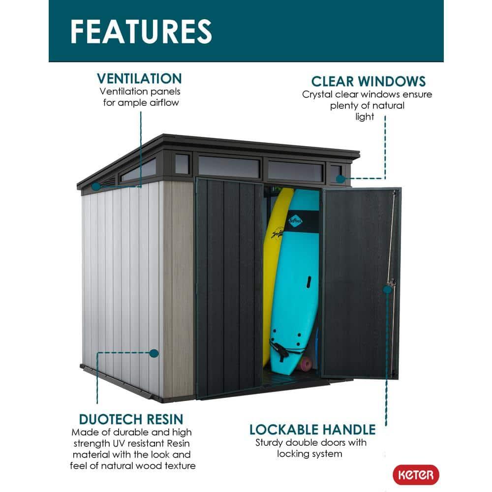 Keter Artisan 7x7 ft. Modern Durable Resin Outdoor Storage Shed With Floor and Double Doors for Garden Patio Furniture and Tools, Grey