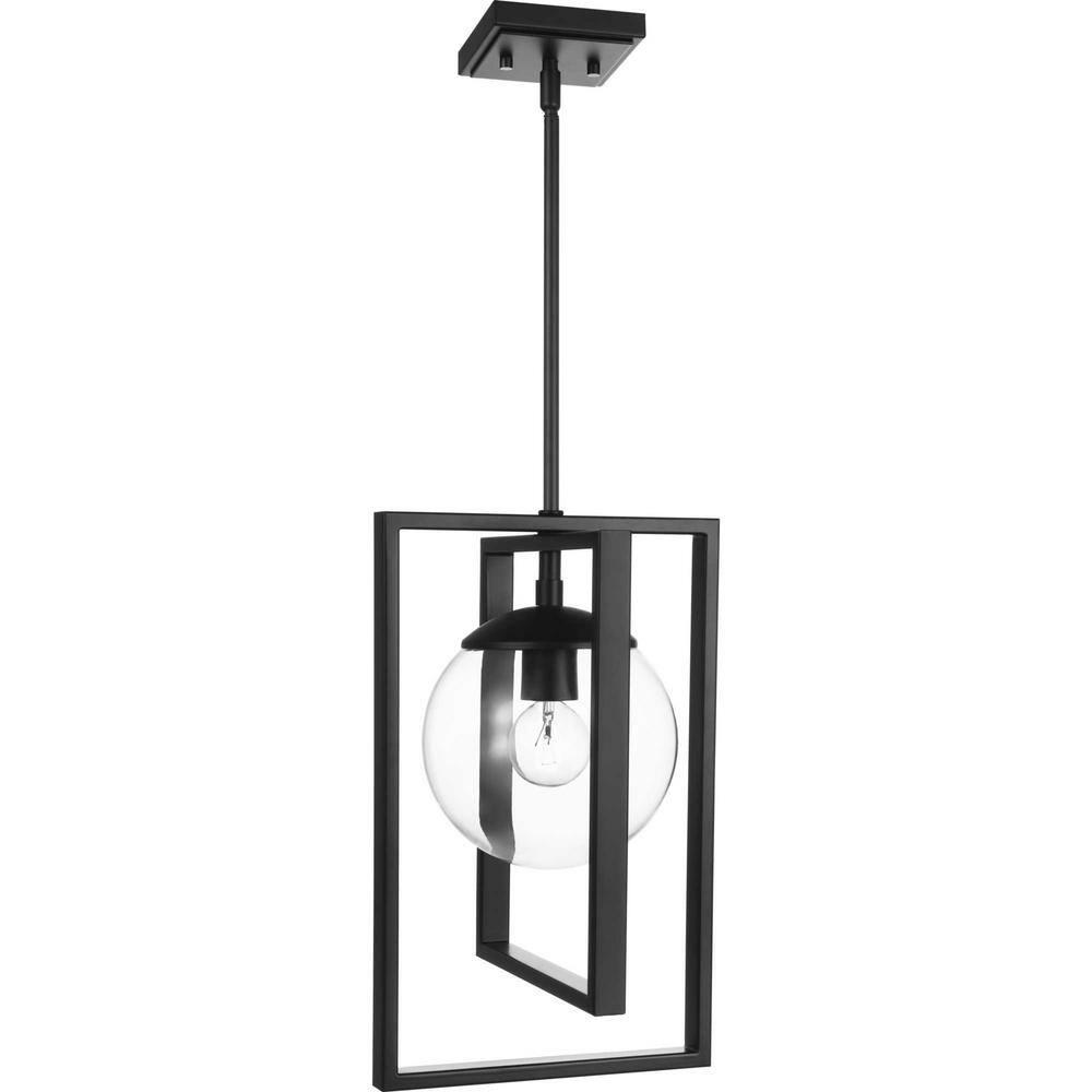 Progress Lighting Atwell 1-Light Pendant, Matte Black, Clear Globe Shade