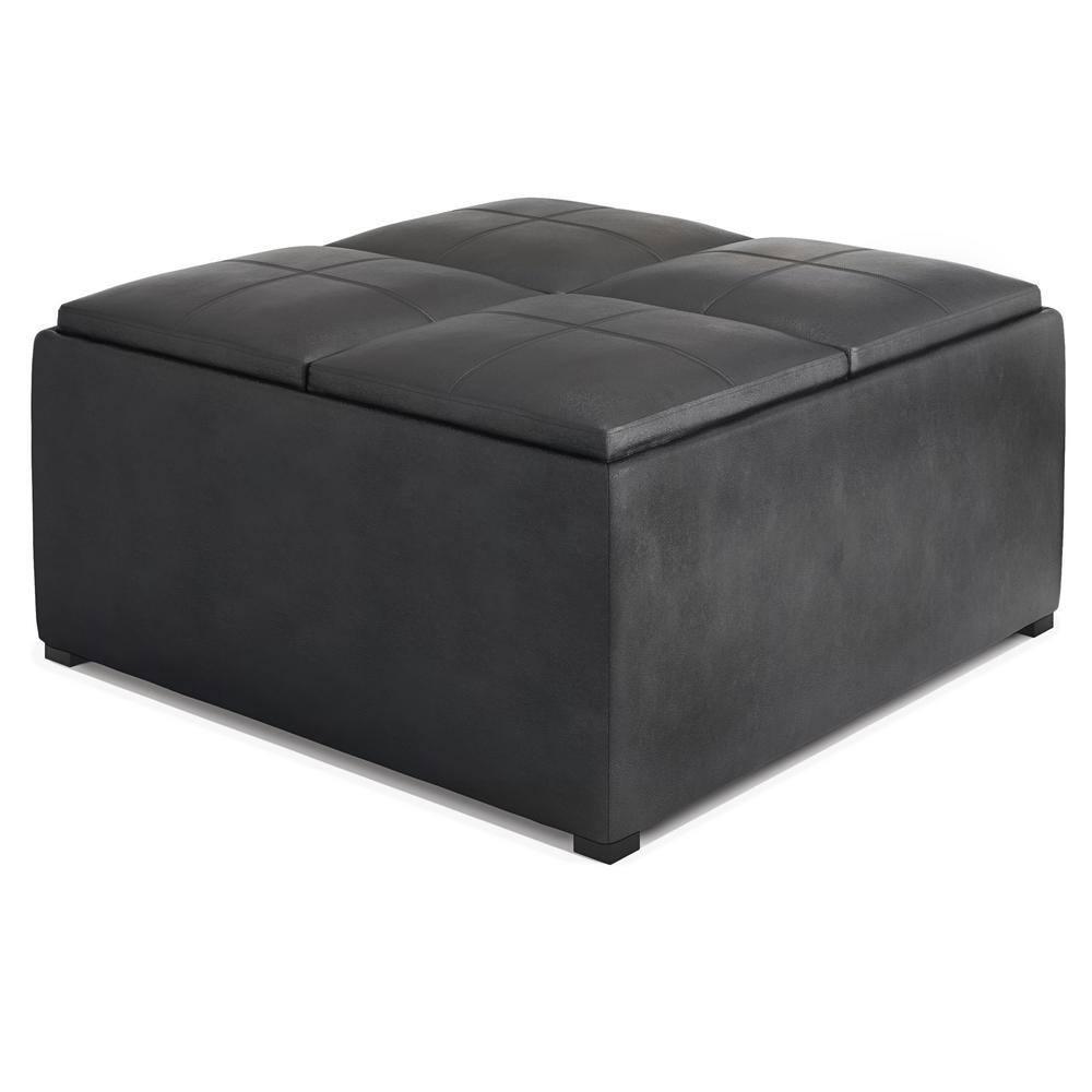 Simpli Home Avalon 35"W Upholstered Square Coffee Table Storage Ottoman with Flip-Over Trays