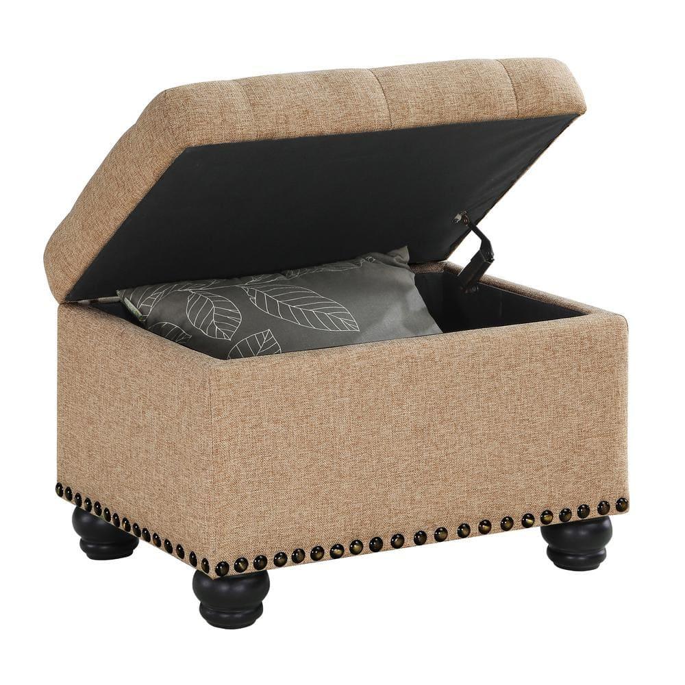 Designs4Comfort 5th Avenue Storage Ottoman in Beige Tan Fabric & Nail Head Trim