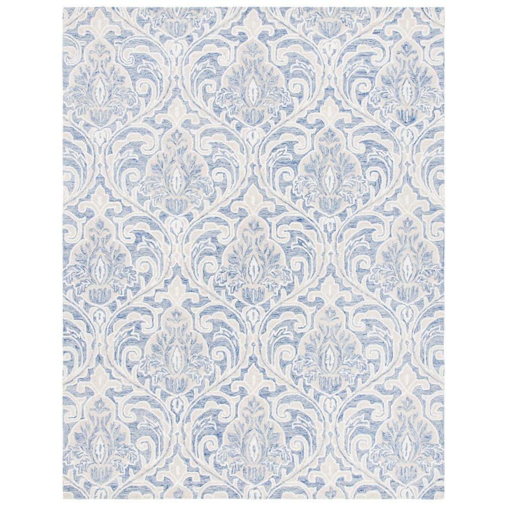 Handmade Medallion Tufted Wool Rug 9' x 12' in Blue and Ivory