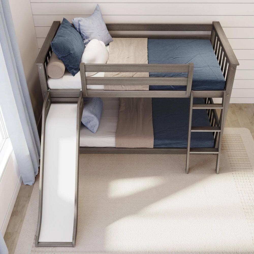 Max & Lily Twin Over Twin Low Bunk Bed with Slide, Solid Wood Kids Platform Bed with 14” Guardrails, Clay