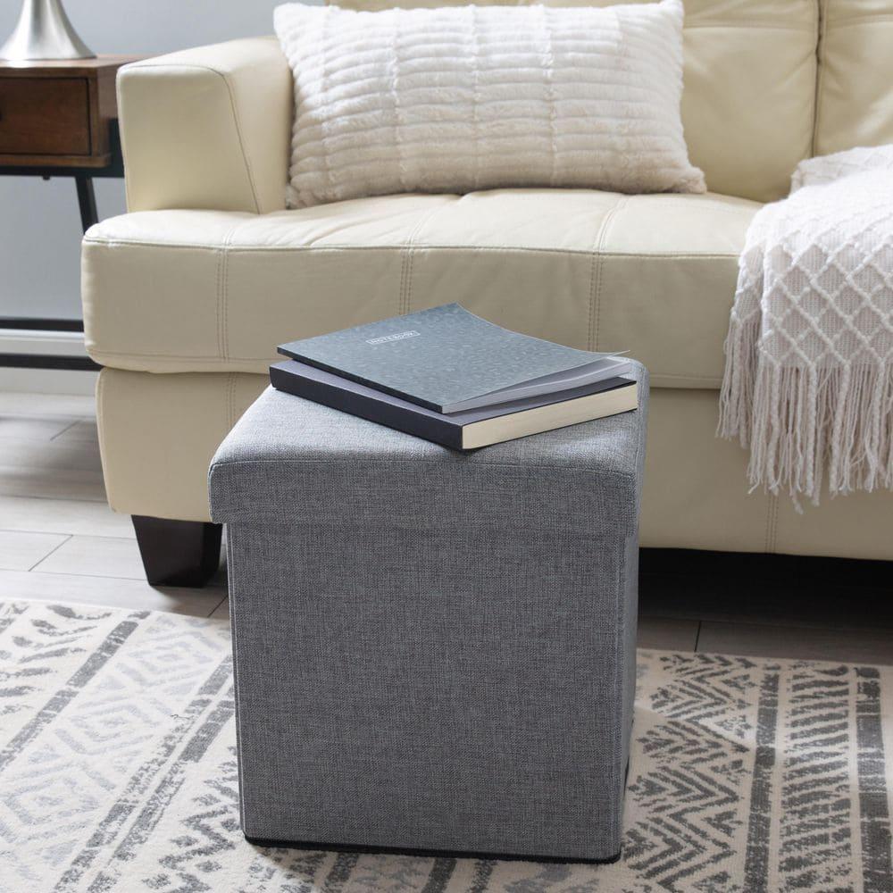 Simplify Faux Linen Folding Storage Ottoman Cube, Gray