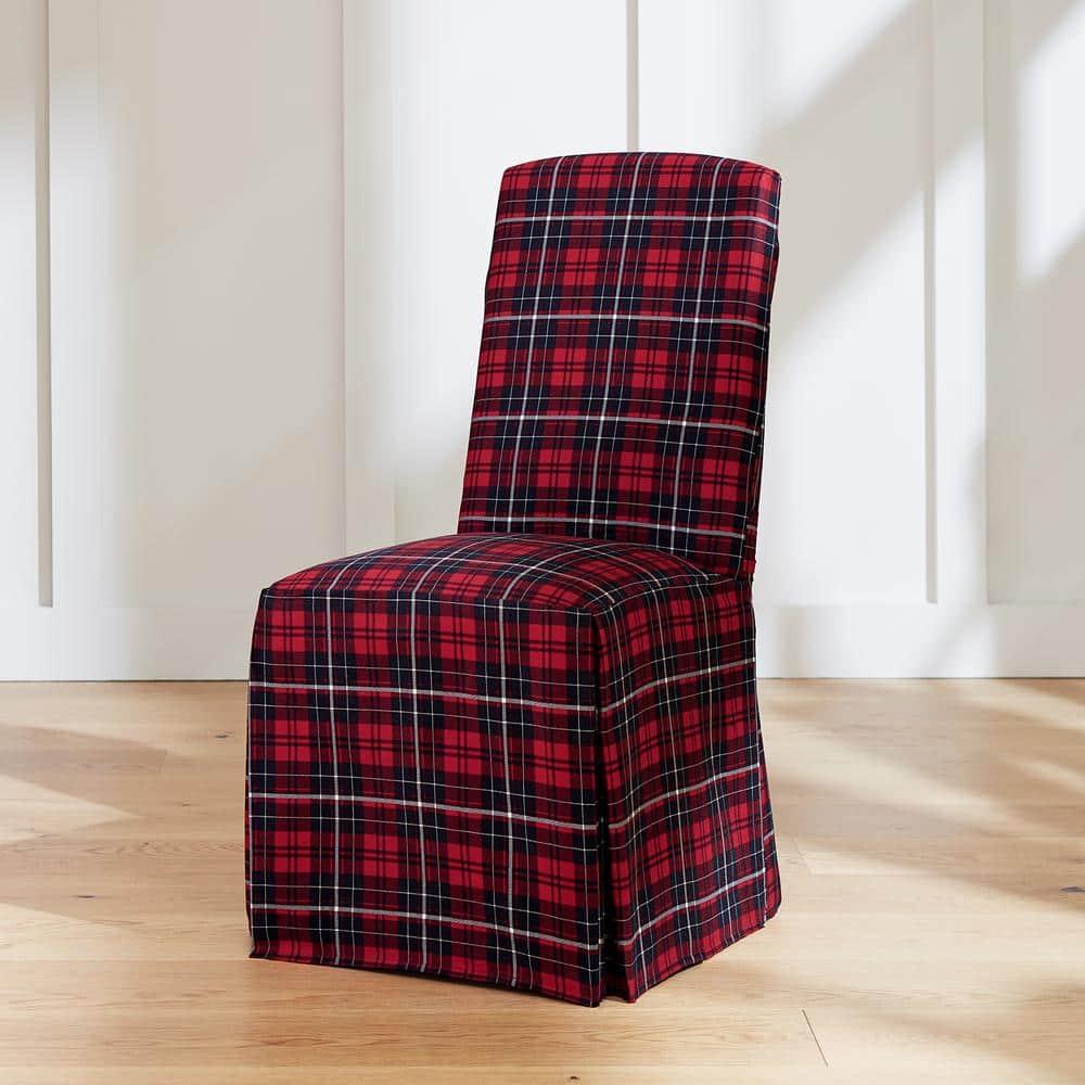 Red Plaid Cotton Canvas Long Dining Chair Slipcovers, Set of 2