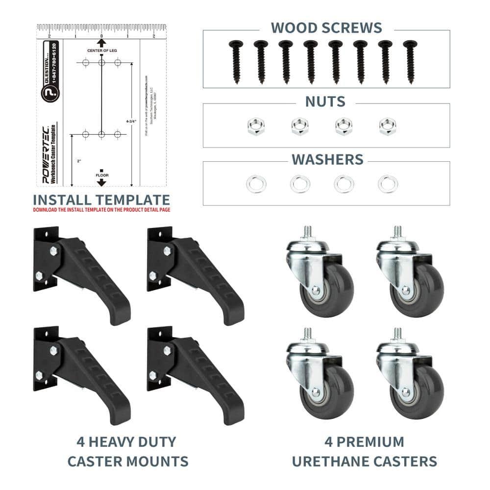 POWERTEC Workbench Caster Kit Set of 4 with 400 lbs Loads, 2-1/2 Inch Retractable Stepdown Caster Wheels for Workbenches, Tables, Stands and Equipments (17000)