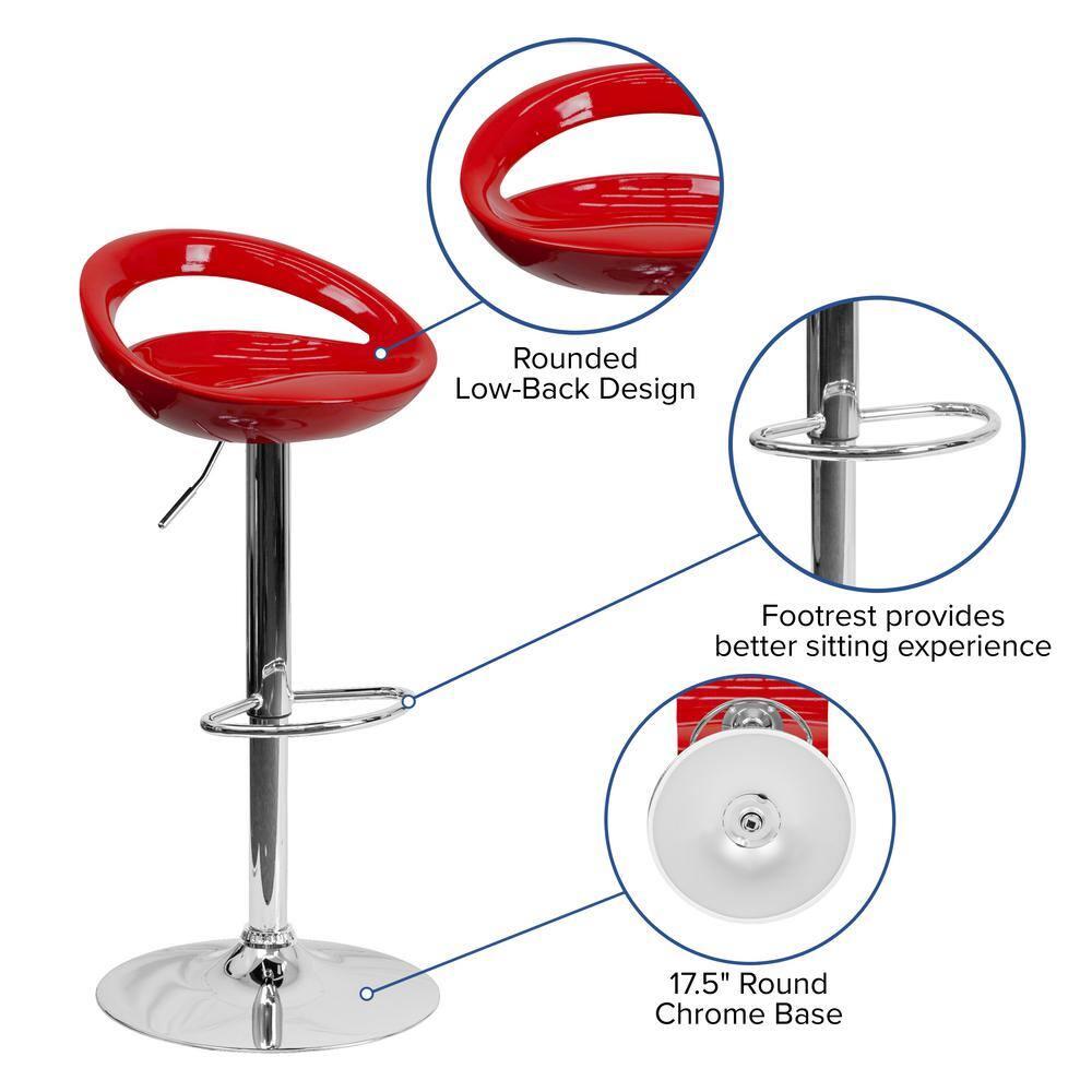 Flash Furniture Contemporary Red Plastic Adjustable Height Barstool with Rounded Cutout Back and Chrome Base