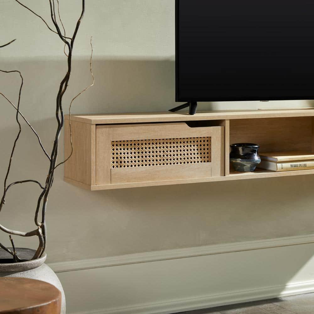 Walker Edison Modern Floating Rattan-Door TV Stand for TVs up to 65”, Coastal Oak