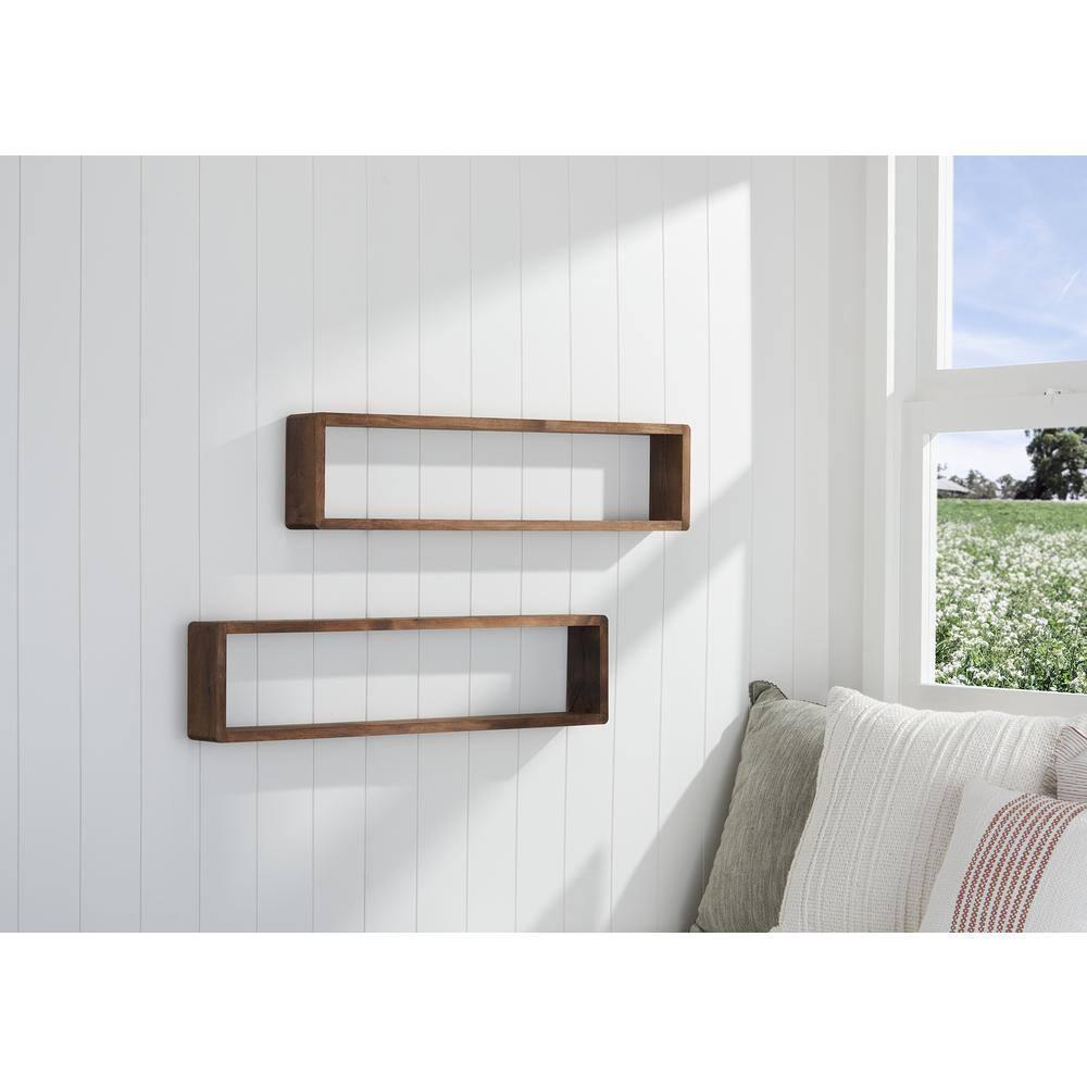 Stackable Floating Shelves, Farmhouse Style Decorative Box Bookshelves for Bedroom, Living Room, and More, Solid Wood, 8" H x 32" W x 4.00" D, Walnut Finish, 2-Pack