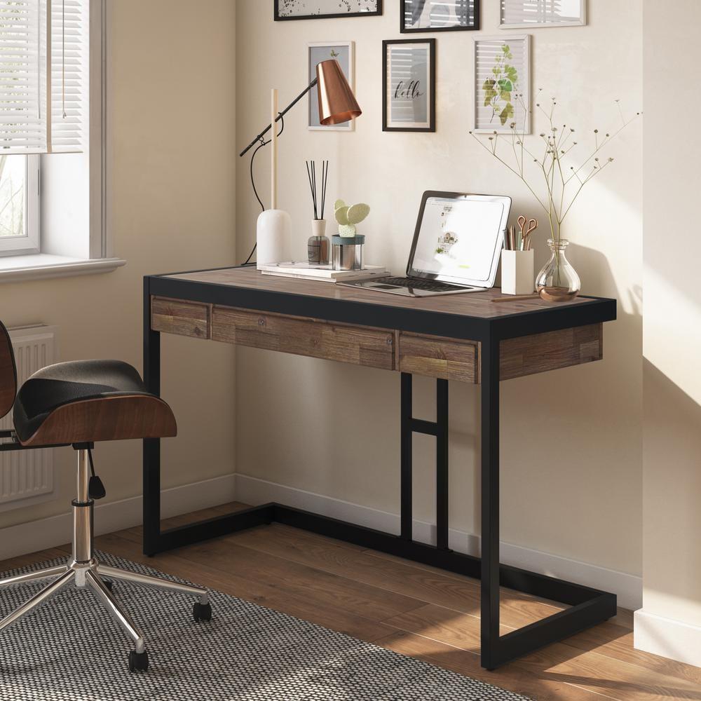 Simpli Home Erina Solid Acacia Wood Desk, Industrial Style with Keyboard Tray and 2 Drawers