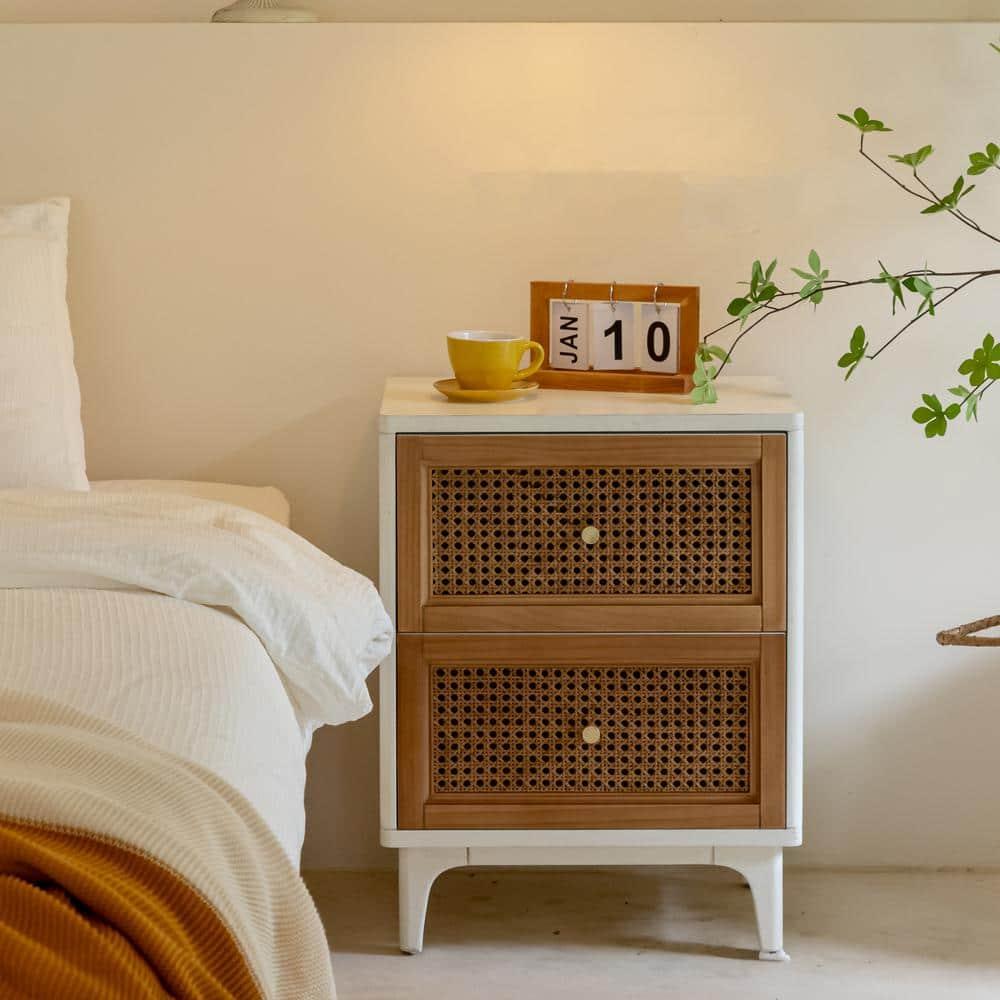 COZAYH 2-Drawer Woven Cane Front Accent Nightstand with Brass Knobs for Living Room, Hand-Scratched Aging Finish, Bedroom, White