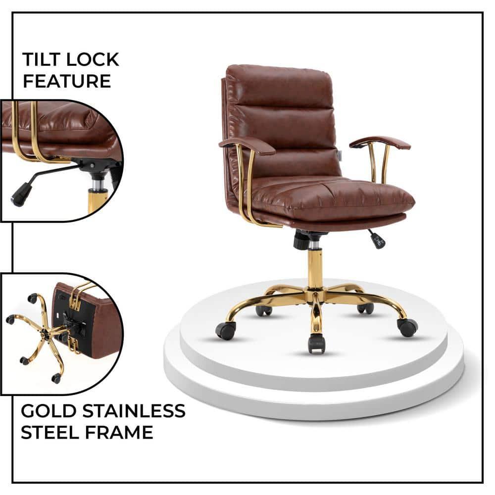 LeisureMod Regina Single Ergonomic Padded Leather Lumbar Support Adjustable Height Swivel Executive Office Chair with Gold Steel Frame