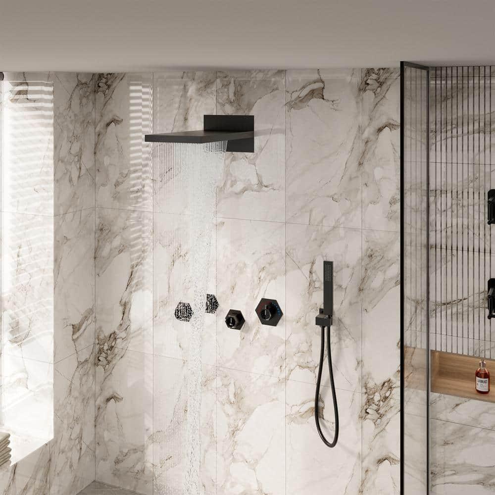 Large Matte Black Dual Shower Head System with LED and Bluetooth Speaker