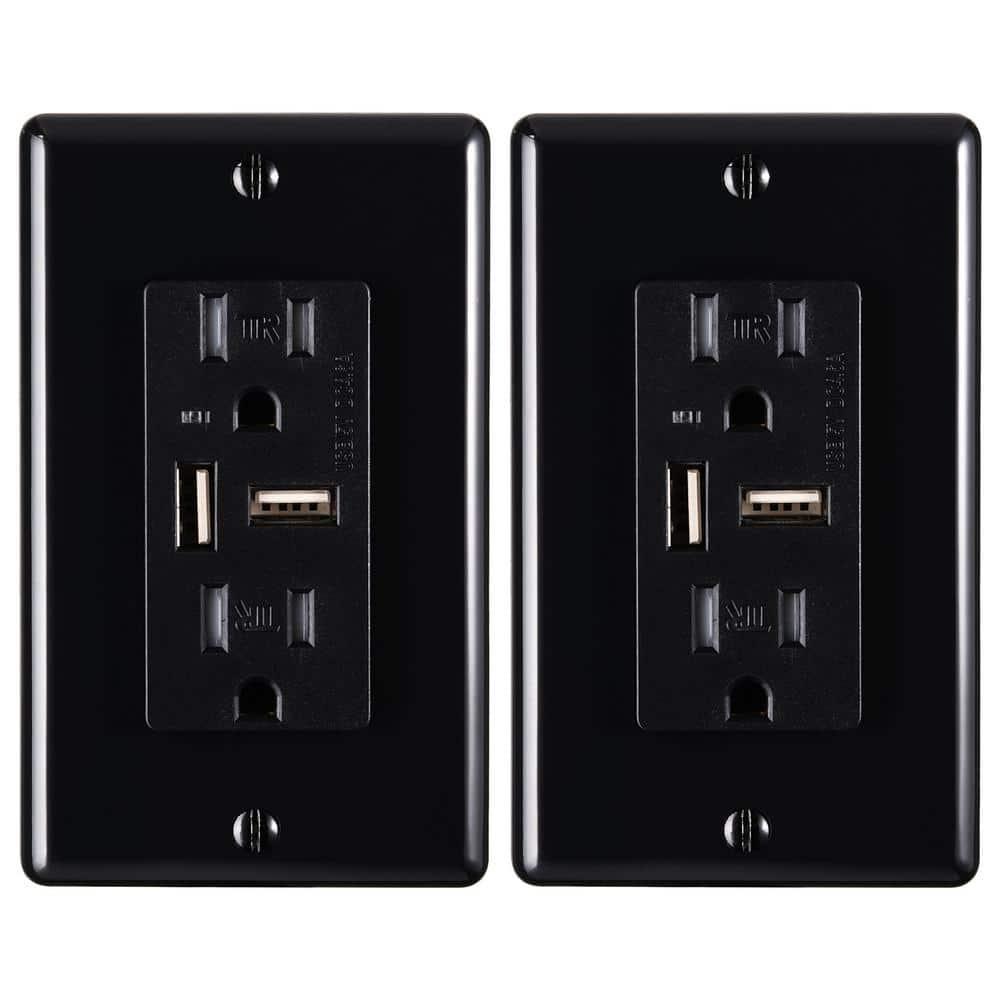 Faith 4.6A USB Outlet and 15A Decorator Tamper-Resistant Duplex Receptacle with Wall Plate, Black, 2-Pack