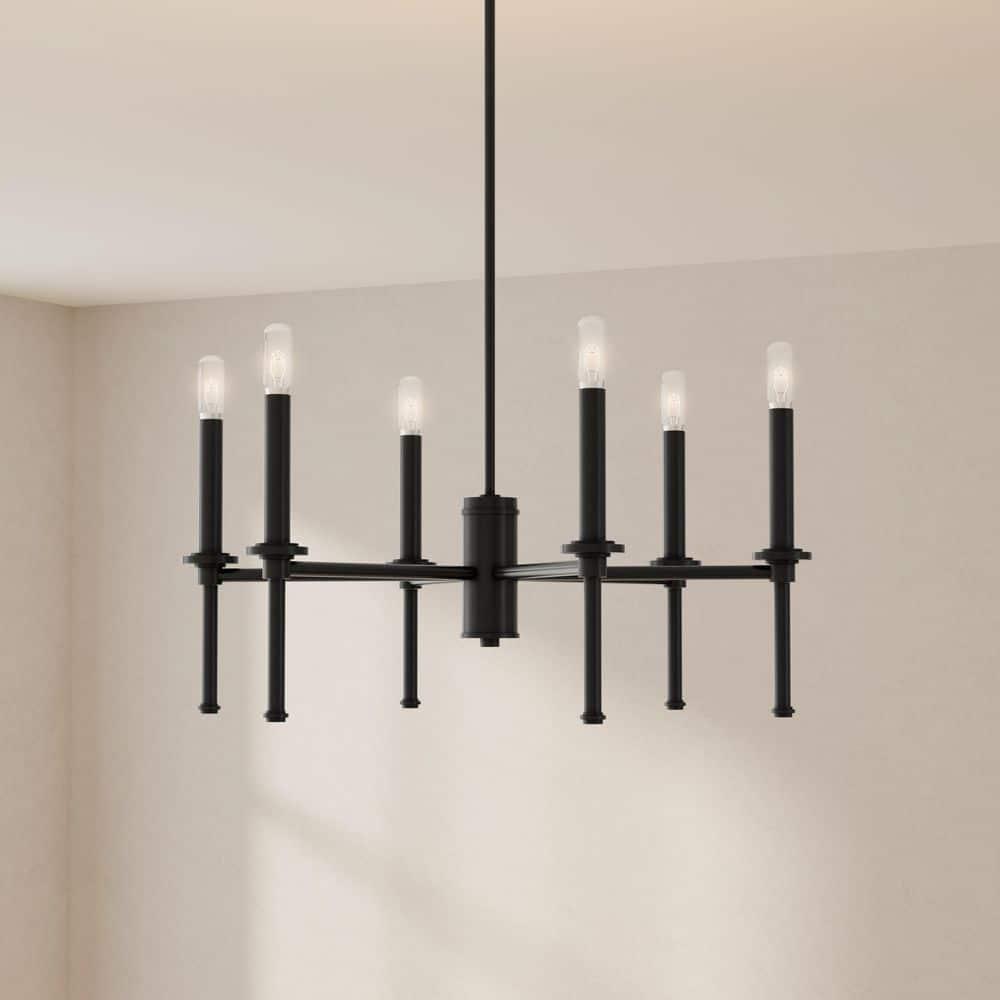 Progress Lighting Elara 6-Light Chandelier, Steel, Matte Black, Clear Glass Shades