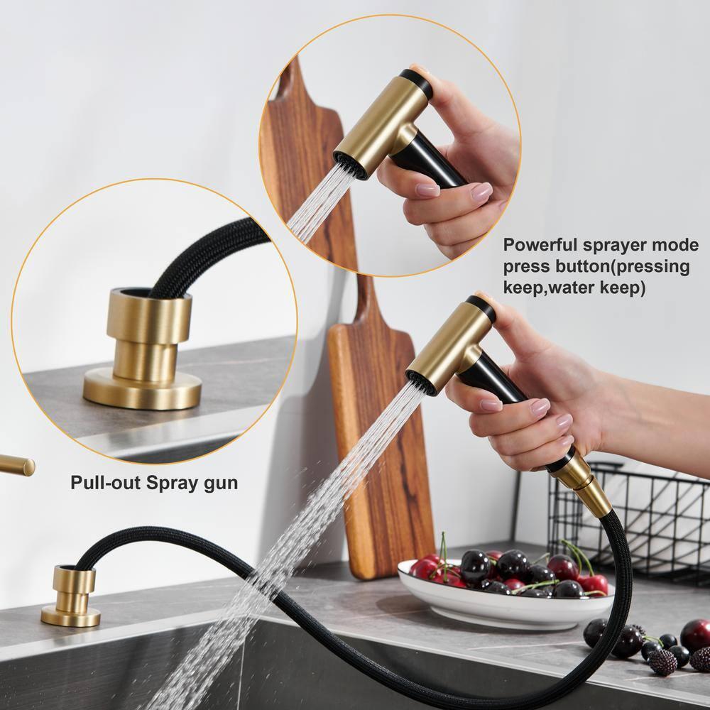 Double Handle Bridge Kitchen Faucet in Brushed Gold, with Put Out Side Sprayer