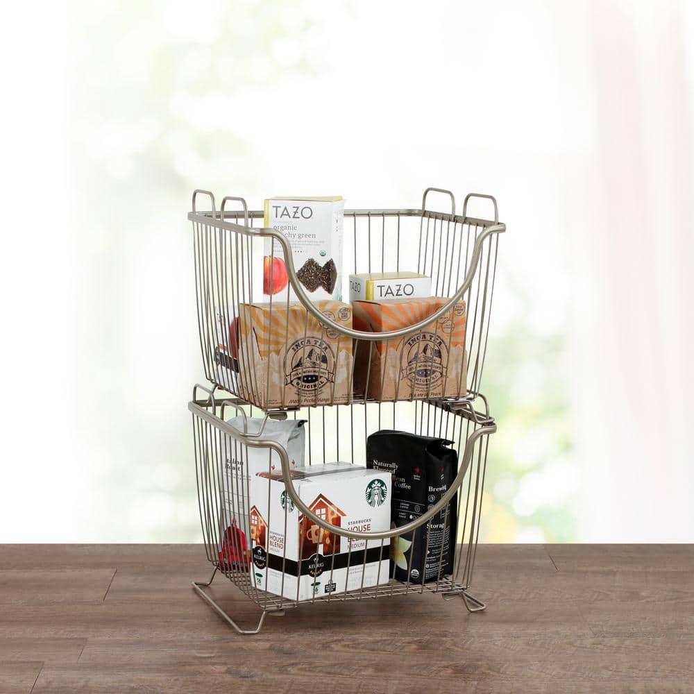 Spectrum Diversified Ashley Steel Stackable Wire Basket with Raised Feet and Looped Handles, Modular Stacking Bin System for Kitchen Countertop and Desk Organization, Large, Satin Nickel