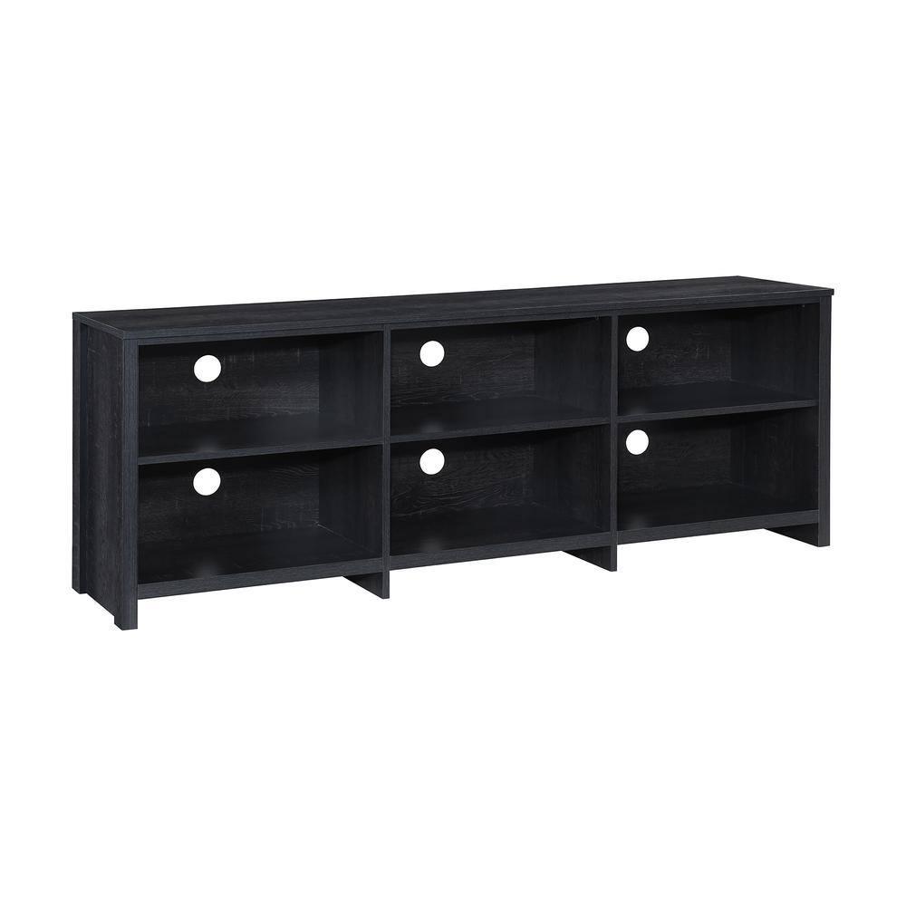 AndMakers 65 in. Modern Black Oak TV Stand For TVs Up To 62" With 6 Open Shelves, Modern Entertainment Center With Storage, TV Console Table