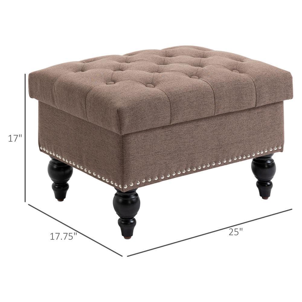 HOMCOM 25" Storage Ottoman with Removable Lid, Button-Tufted Fabric Bench for Footrest and Seat with Wood Legs, Coffee