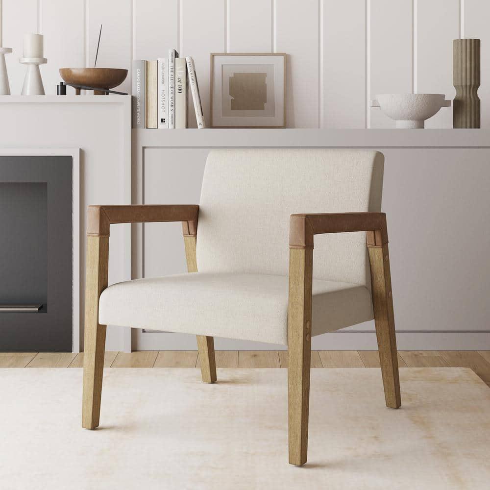 Nathan James Set of 2 Hudson Wood and Faux Leather Accent Chairs Flax
