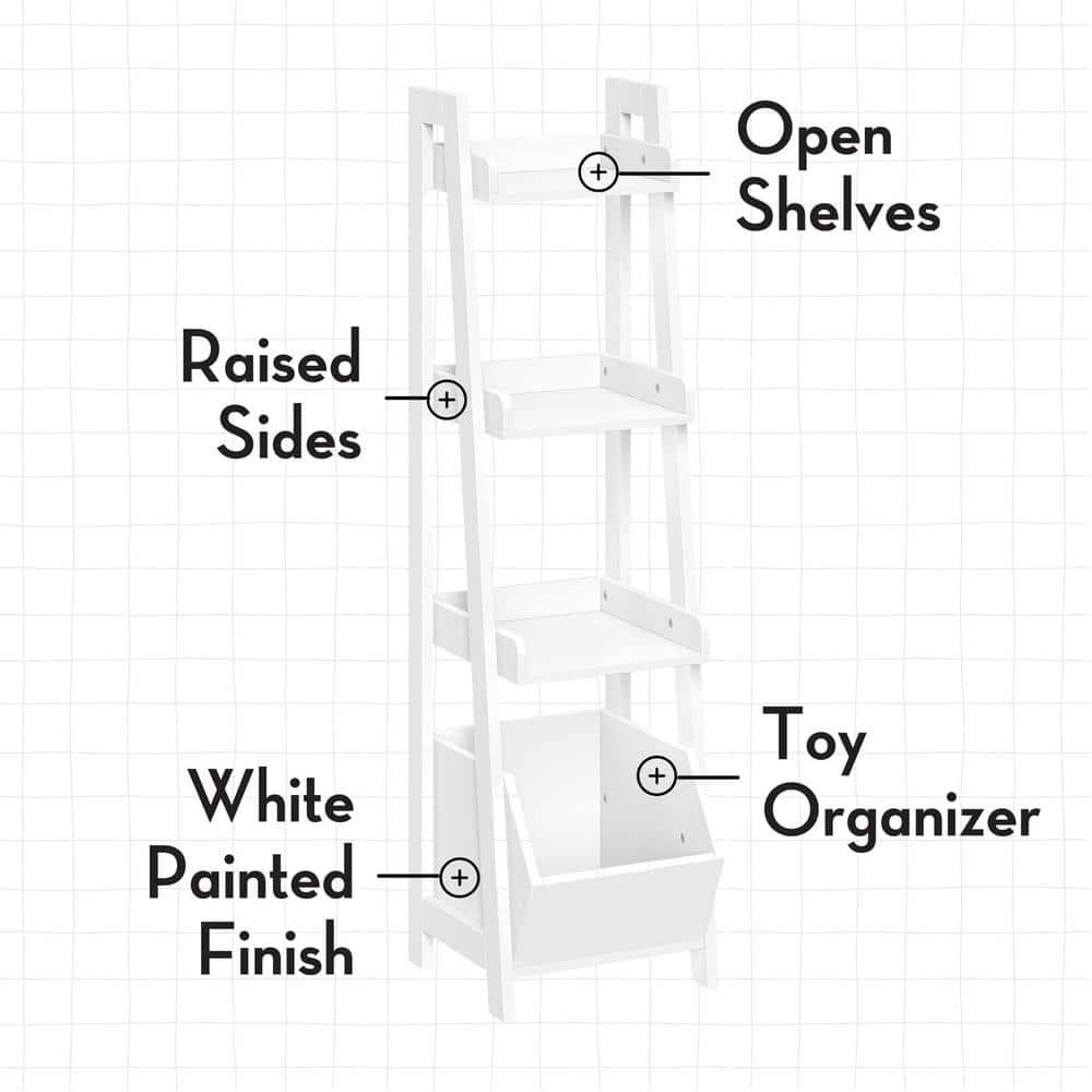 RiverRidge Home RiverRidge Kids 4-Tier 13in Ladder Shelf Toy Organizer and Book Storage with 3 Open Display Shelves- White with Two 5" Fabric Bins