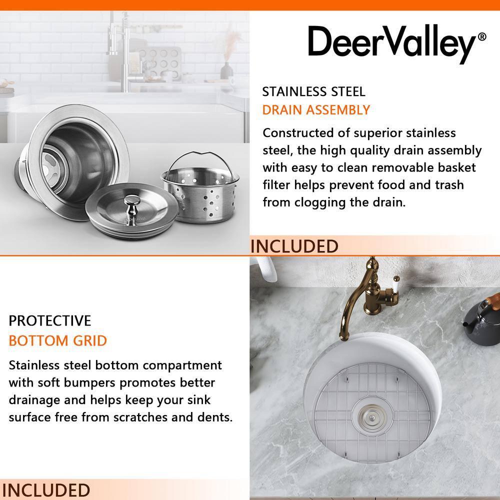 Circular Fireclay 18.5" x 18.5" Undermount/Drop-In Kitchen Sink with Basket Strainer and Sink Grid