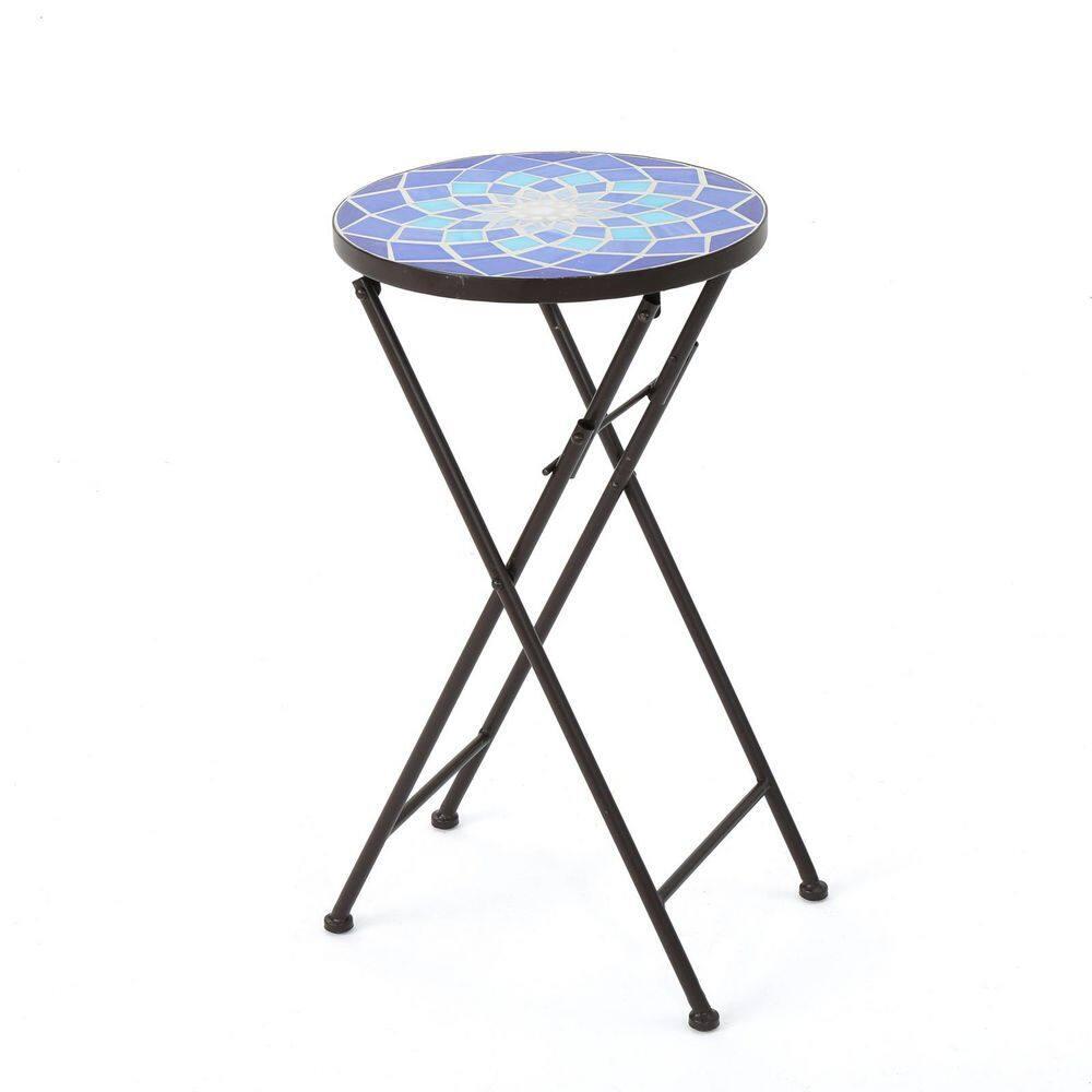 Fleur De Lis Living Folding Blue and White Top Side Table with Iron Frame, Multifunctional Plant or Beverage Stand