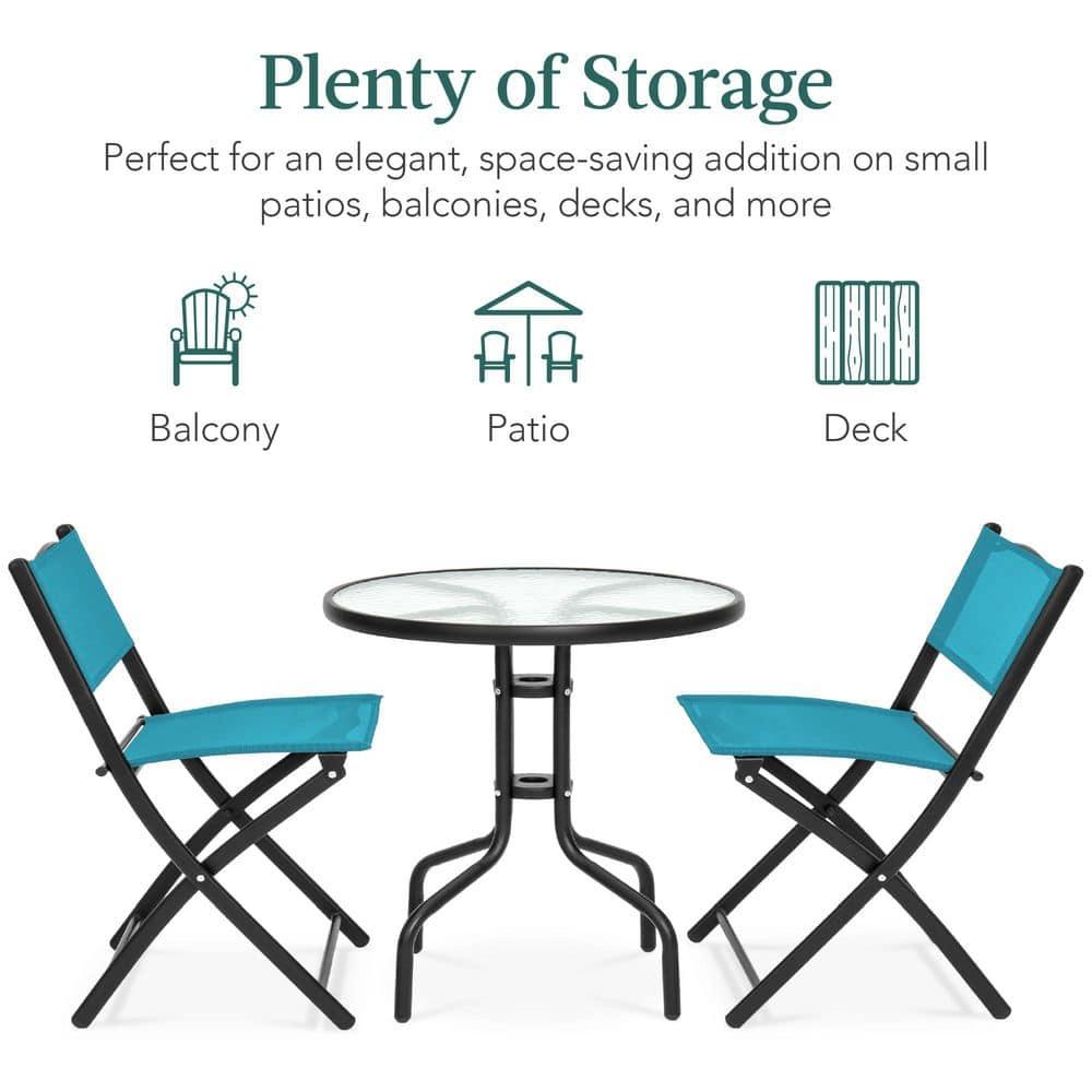 George Oliver 3-Piece Patio Bistro Dining Furniture Set W/ Glass Tabletop, Folding Chairs