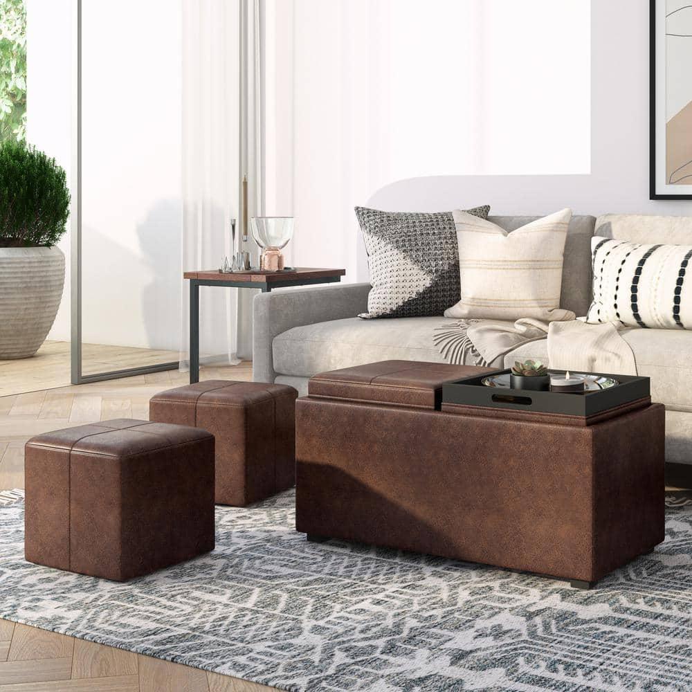 Simpli Home Avalon 35"W Upholstered Storage Ottoman Set with 5 Pieces and Flip-Over Serving Tray Lids