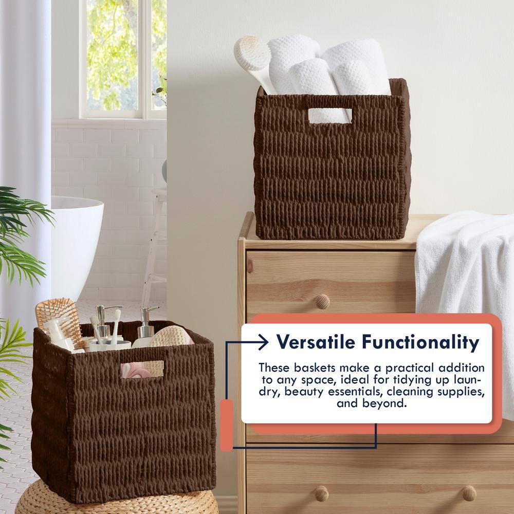 Ornavo Home Wicker Storage Cubes Bin, 10.5 Inch Storage Shelf Basket Collapsible Natural Hand Woven Paper Storage Cube Bin with Handles - Set of 2, Brown