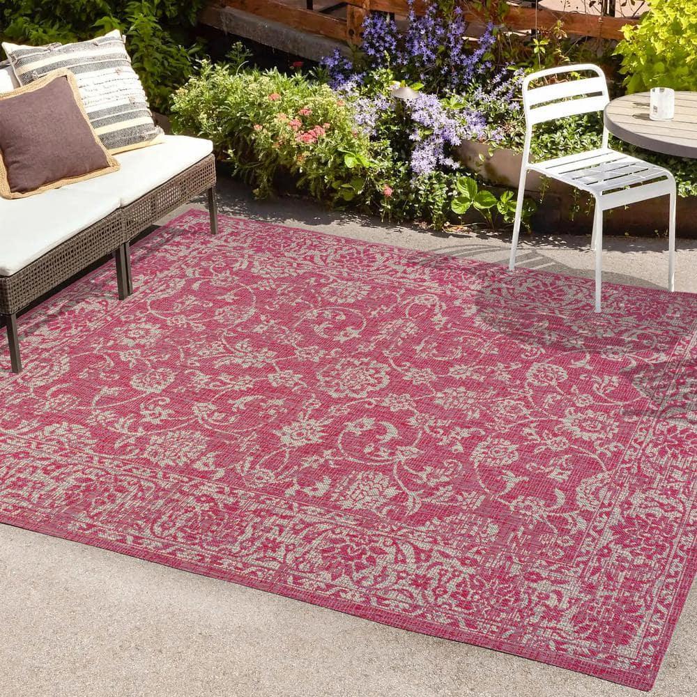 9' x 12' Tela Bohemian Textured Weave Floral Indoor/Outdoor Area Rug, Fuchsia/Light Gray - JONATHAN Y