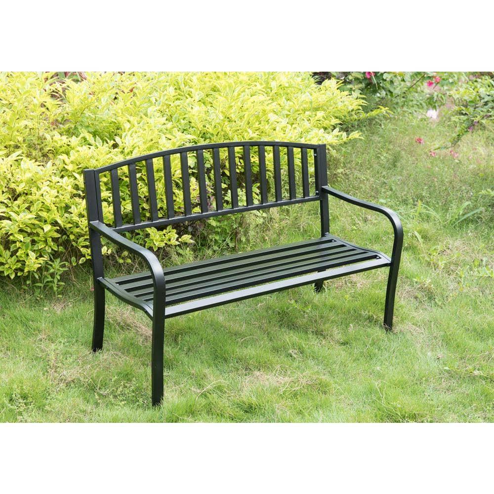 Steel Garden Park Bench Cast Iron Frame Patio Lawn Yard Decor, Black Seating Bench for Yard, Patio, Garden, Balcony, and Deck