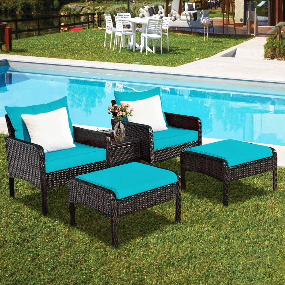 Spaco 5 Pieces Patio Rattan Sofa Ottoman Furniture Set with Cushions, Conversation Set with 2 Single Chairs, 2 Ottomans and A Side Table, Ottoman Furniture Set for Outdoor, Turquoise