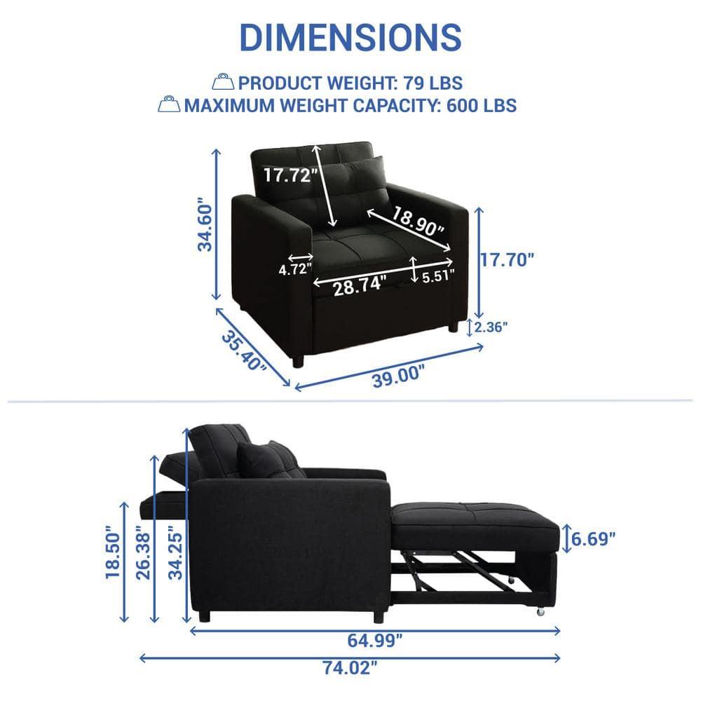 Anna 3 in 1 Convertible Chair Bed Sleeper, Pull Out Sofa Bed, Pull Out Couch, Sleeper Chair with with Pillow, Pull Out Bed with Adjustable Backrest Living Room - Black
