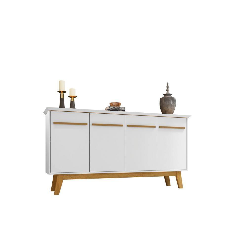 62.99" Yonkers Sideboard White - Manhattan Comfort: Mid-Century Buffet, Storage Console with 4 Doors & Fixed Shelves