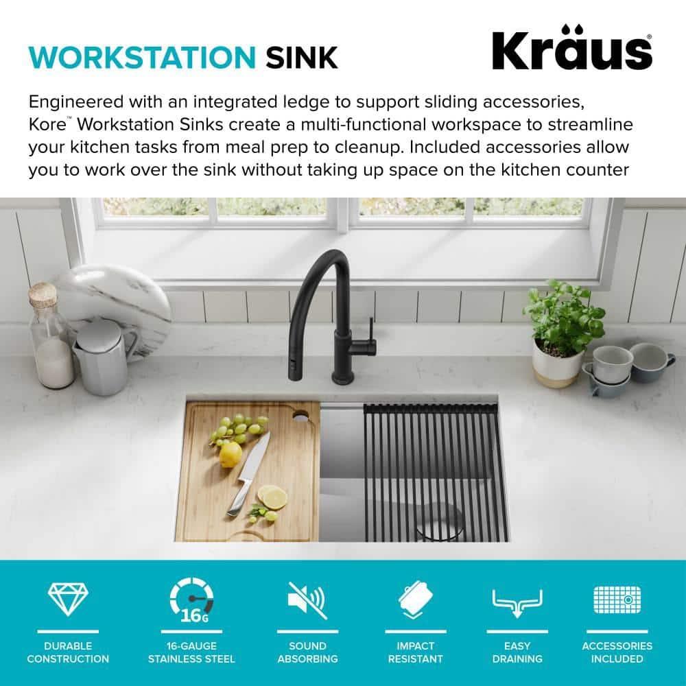 KRAUS Kore™ Workstation 30-inch L Undermount 16 Gauge Single Bowl Stainless Steel Kitchen Sink with Accessories