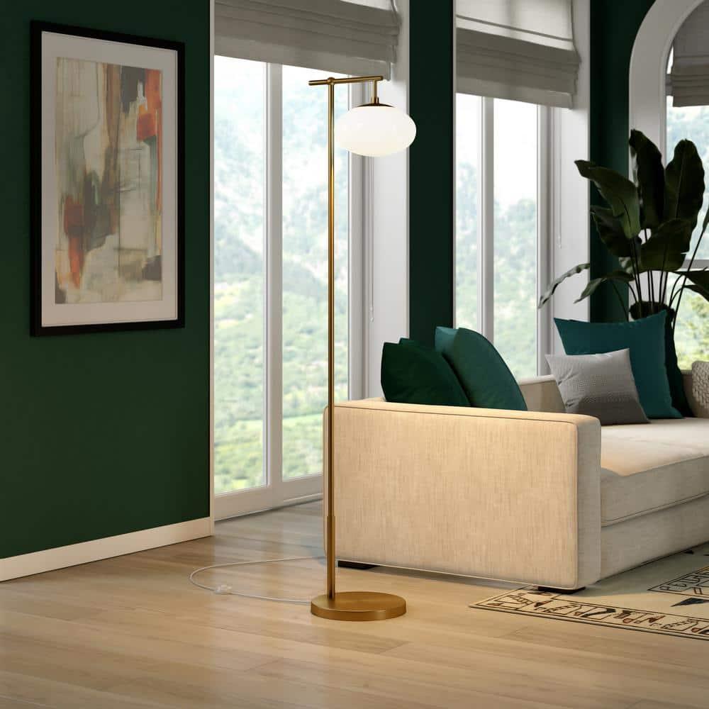 Evelyn&Zoe Blume 68" Tall Arc Floor Lamp with Glass Shade, Brushed Brass/Milk White