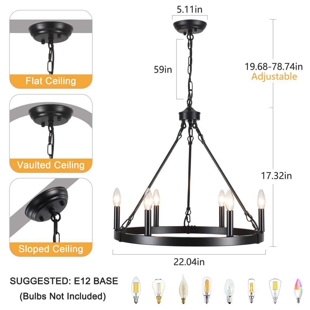 22.04 in. 6-Light Black Rustic Farmhouse Chandelier, Wagon Wheel Chandelier for Dining Room Living Room Bedroom Kitchen Black