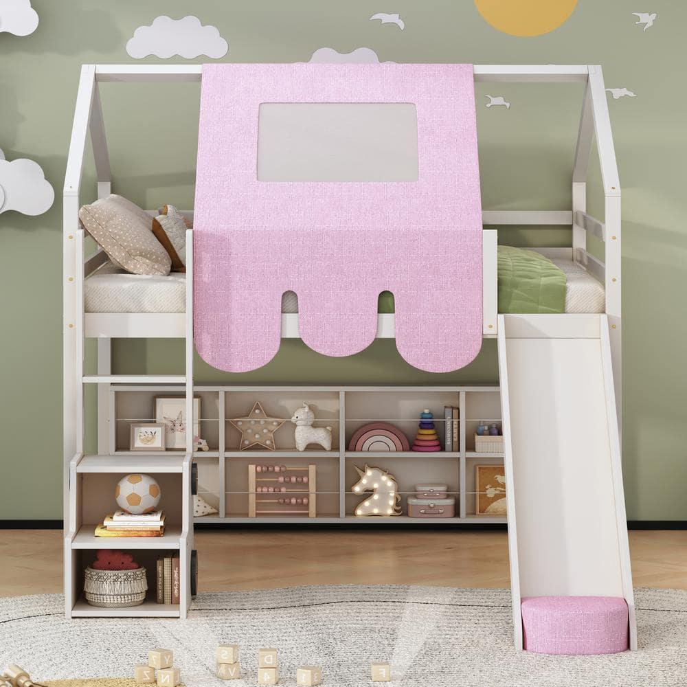Kumix Full Size Loft Bed with Slide and Tent, House Loft Bed with Car-Shaped Storage and 2 Tier Shelves, Wood Loft Bed with Safety Guardrail & Ladder for Kids Teens Boys Girls, Noise-Free, Pink