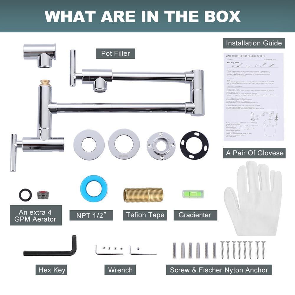 ARCORA Single Hole Two Attachment Brass Wall Mounted Pot Filler Kitchen Faucet with Double-Handle