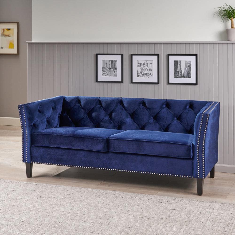 Noble House Claridge Button Tufted Velvet Sofa, Midnight Blue, Dark Brown