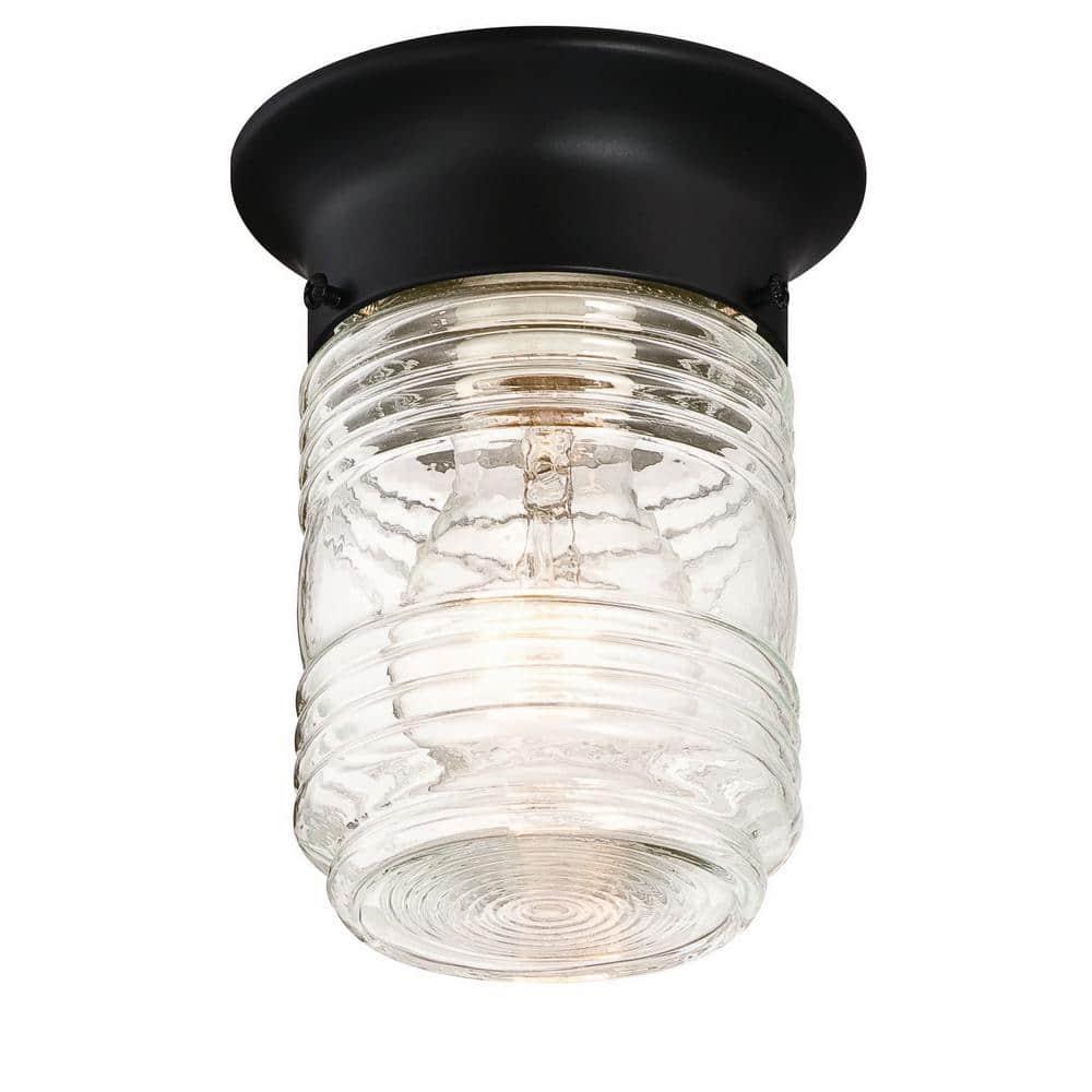 Design House Jelly Jar 1-Light Indoor/Outdoor Flush Mount Ceiling Light with Clear Ribbed Glass, Black