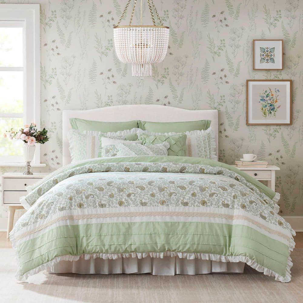 Sage Green Cotton King Reversible Comforter Set with Decorative Pillows